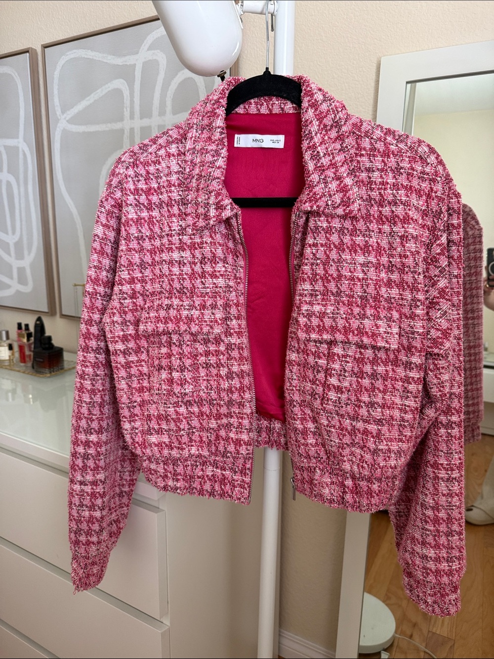 Mango Houndstooth Pink Tweed Jacket